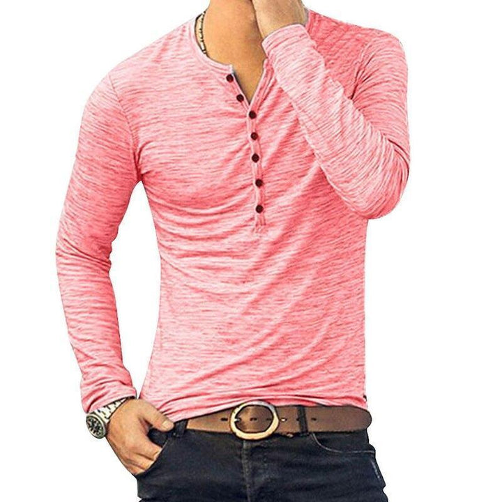 Elegancka koszulka męska V-neck z guzikami i długim rękawem. Wygodna, dopasowana bluzka dla mężczyzn na różne okazje.