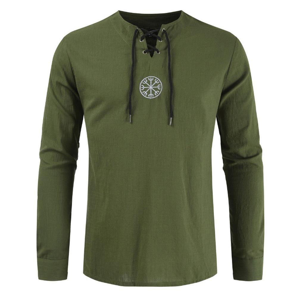 Męska koszulka z długim rękawem vintage ze sznurowaniem V-neck, dodającym unikalnego charakteru modzie męskiej.