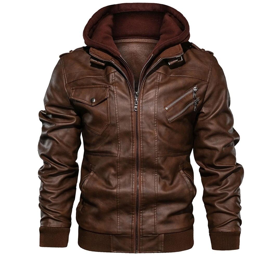 Męska kurtka skórzana z kapturem, casualowy styl. Komfortowa jesienno-wiosenna moda męska.