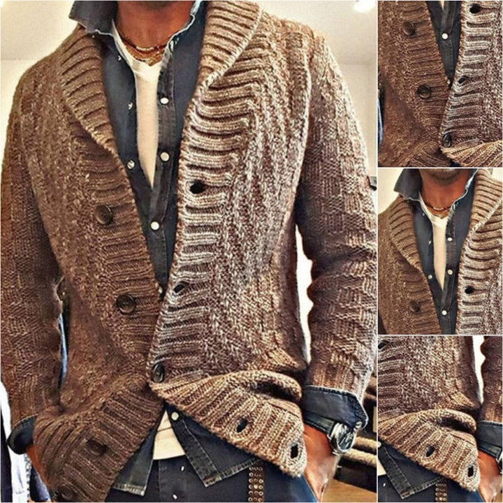Klasyczny kołnierz męskiej kurtki smart casual. Detal kardiganu podkreślający elegancję i wysoką jakość materiału.