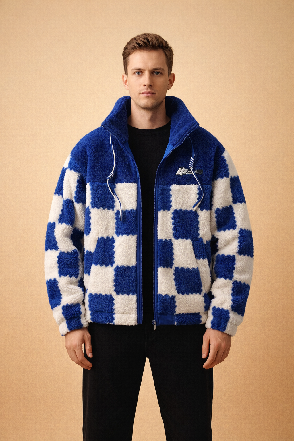Męska kurtka w szachownicę, modny wzór casual. Ciepła i stylowa na jesienno-zimowy streetwear.