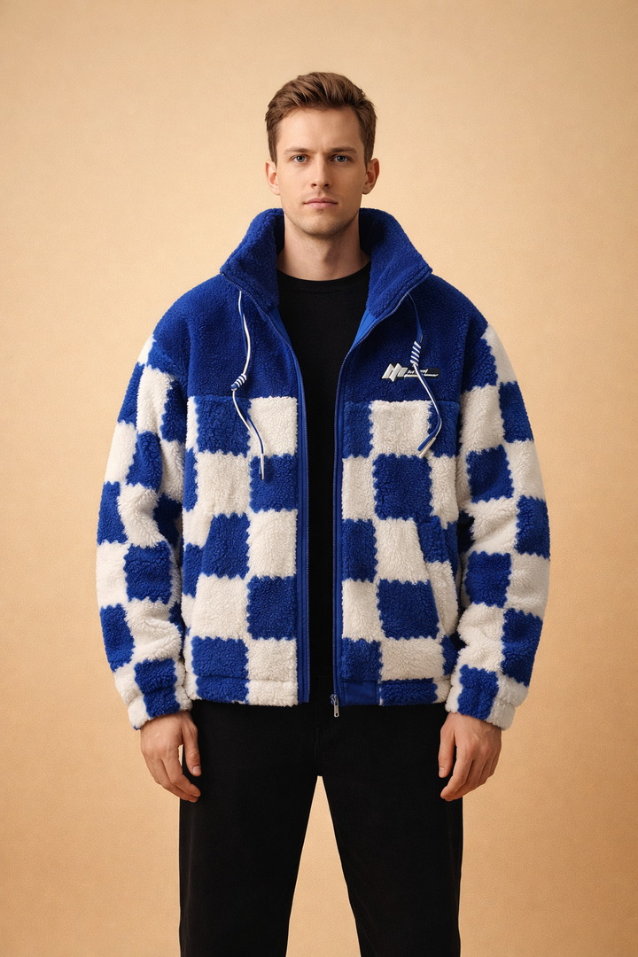 Męska kurtka w szachownicę, modny wzór casual. Ciepła i stylowa na jesienno-zimowy streetwear.