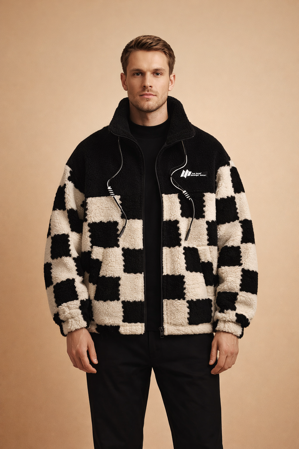 Ciepła męska kurtka w szachownicę, idealna na jesień i zimę. Modny krój casual i streetwear.