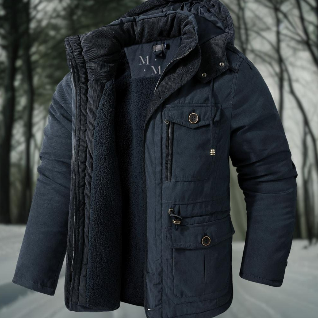 Stylowa męska kurtka zimowa typu parka z kapturem. Doskonała odzież zimowa do mody męskiej i stylizacji outdoor.