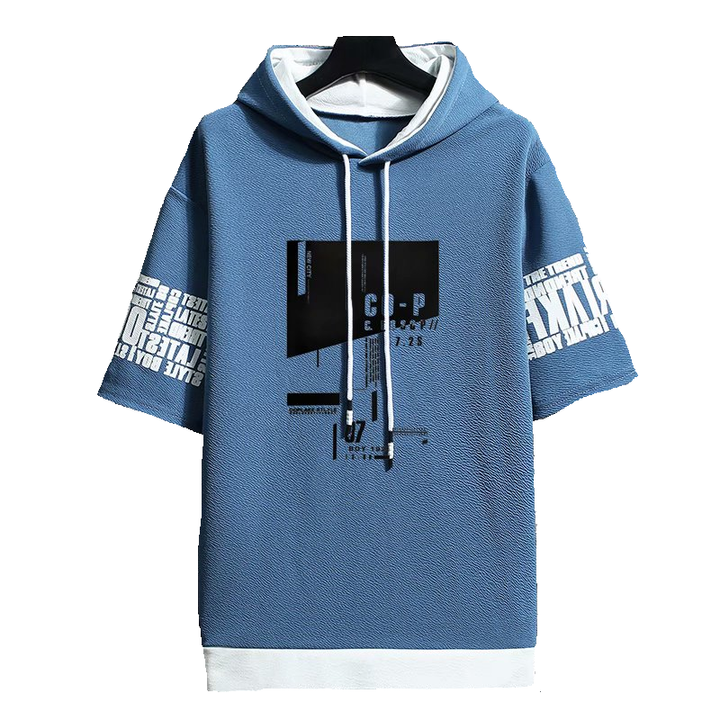 Męska letnia bluza z kapturem krótki rękaw. Stylowy nadruk graffiti, idealna do casual i streetwear.