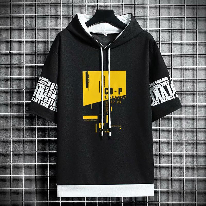 Streetwearowa męska bluza z kapturem, krótki rękaw. Letni design i dynamiczny nadruk graffiti na co dzień.