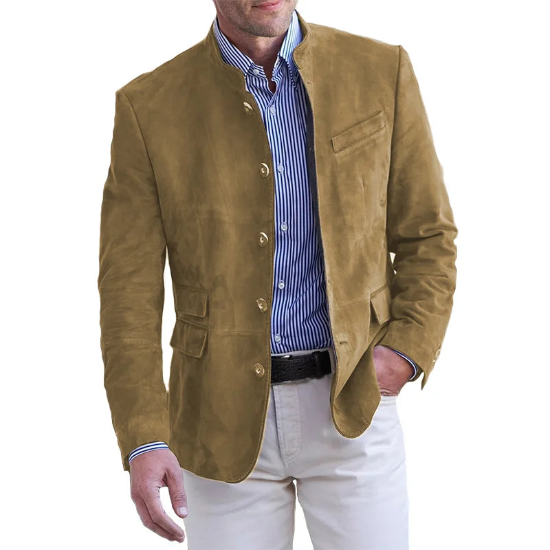 Męska marynarka ze stójką w stylu smart casual, idealna jako odzież przejściowa na wiosnę i jesień.