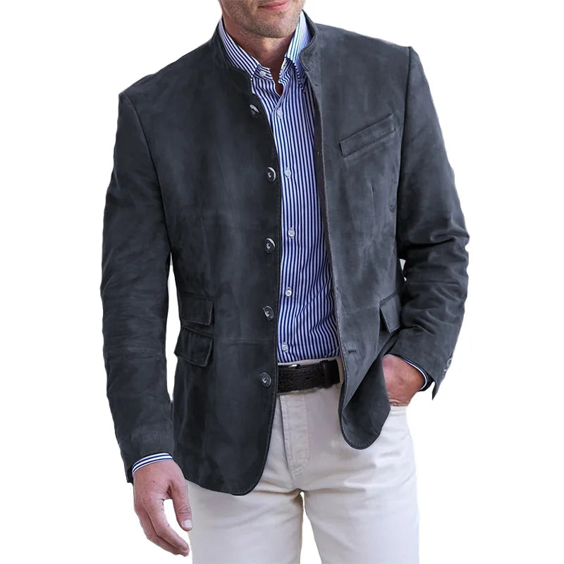 Nowoczesna marynarka męska casual ze stójką, odzież smart casual, idealna do modnej stylizacji męskiej.