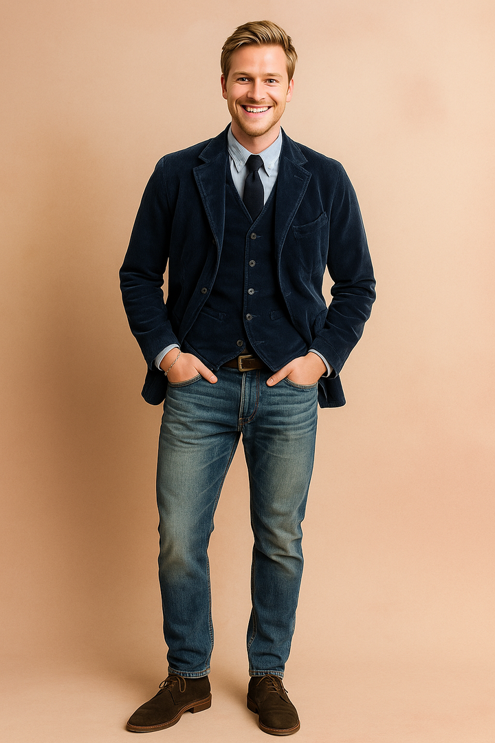 Mężczyzna prezentujący elegancką prążkowaną kurtkę z kieszeniami. Modna casualowa stylizacja jesienna, męska moda.