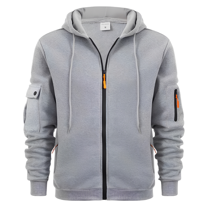 Stylowa męska bluza z kapturem typu jacket, modna odzież casualowa na chłodne dni. Odzież męska.