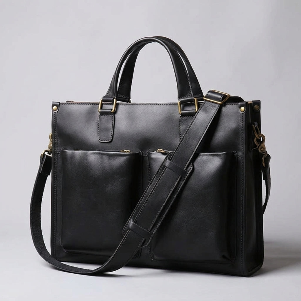 Brązowa skórzana aktówka męska w stylu vintage, elegancka torba na ramię na laptopa 16 cali.