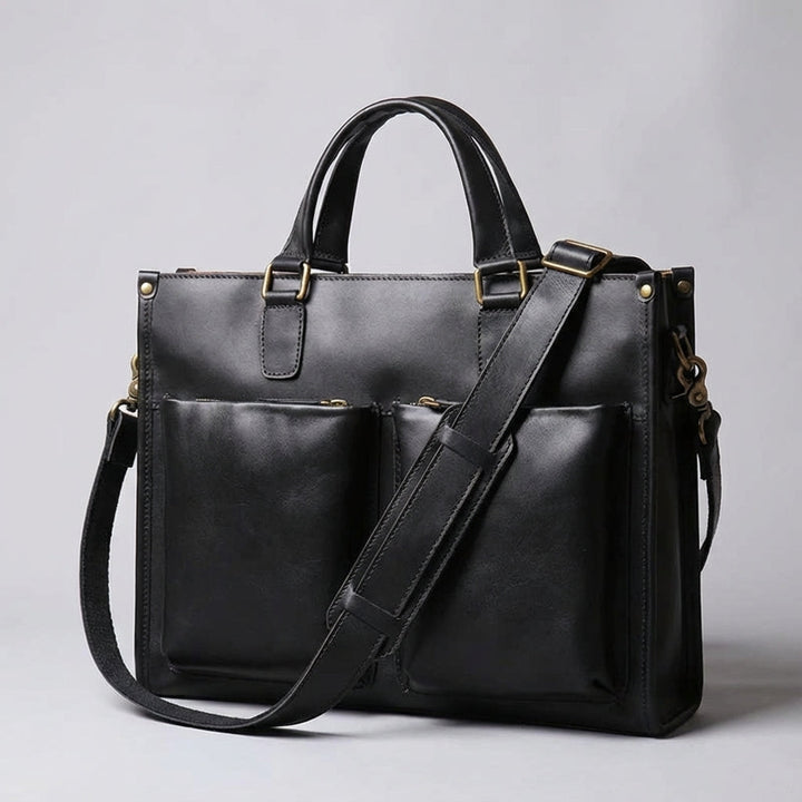 Brązowa skórzana aktówka męska w stylu vintage, elegancka torba na ramię na laptopa 16 cali.