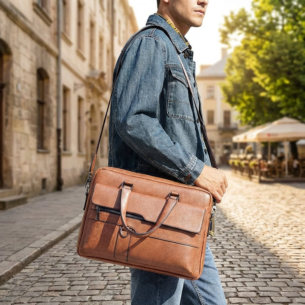 Męska torba na laptopa z paskiem na ramię, wykonana z eleganckiej skóry PU. Idealna do biura i biznesu.