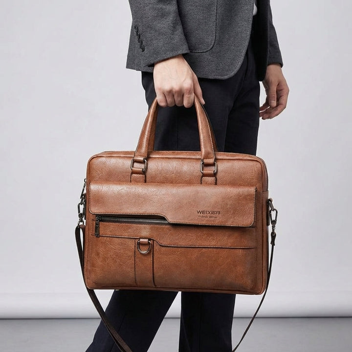 Profesjonalna męska aktówka na laptopa MetroBrief. Elegancka torba biznesowa ze skóry PU z paskiem na ramię.