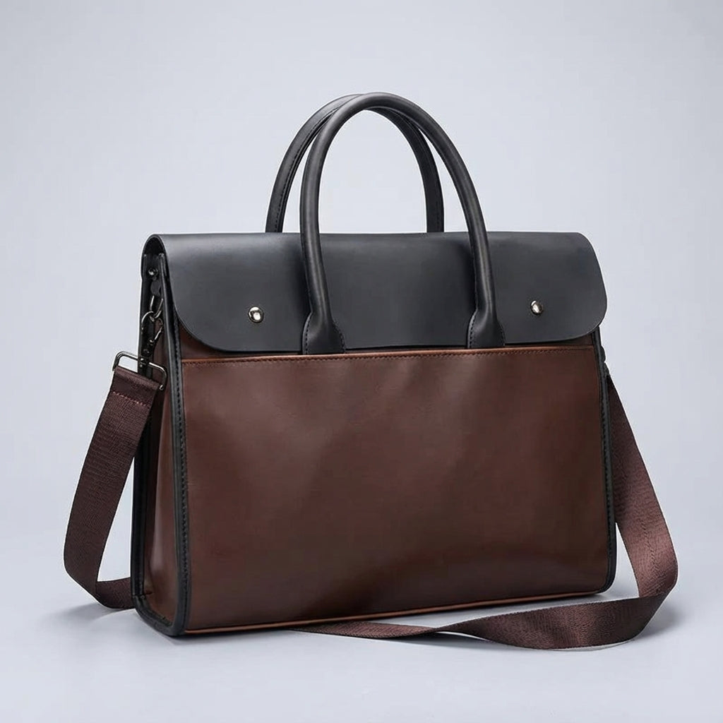 Mężczyzna z brązową torbą na laptopa RetroCarry z PU skóry, elegancka i praktyczna do biura.