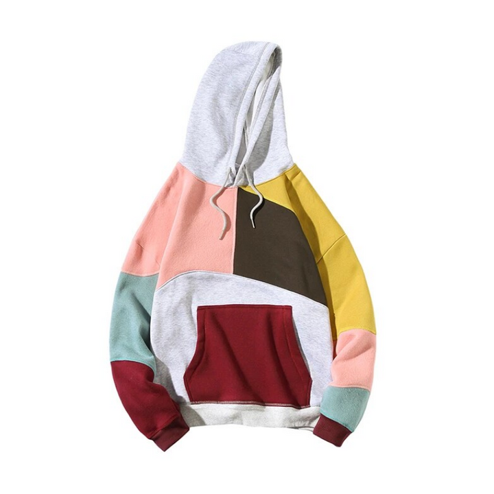 Męska wielokolorowa bluza z kapturem kangurka, modna i wygodna, idealna na streetwear i co dzień.