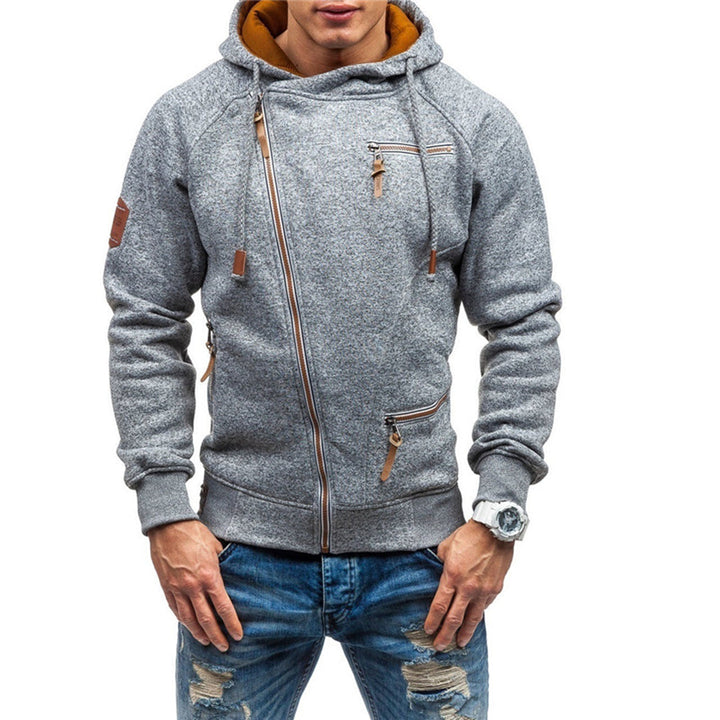 Czarna męska bluza z kapturem, skośny zamek. Modna, ciepła, idealna na zimę w stylu streetwear.