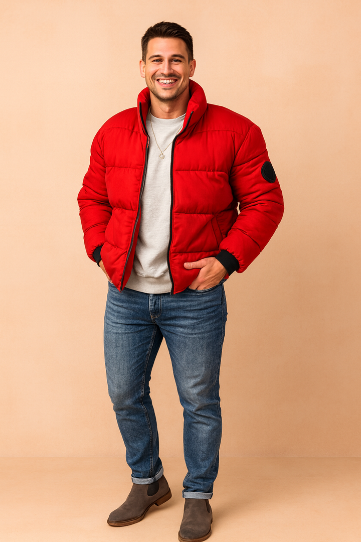 Nowoczesna męska kurtka zimowa pikowana, idealna do miejskiego stylu i modnych outfitów męskich.
