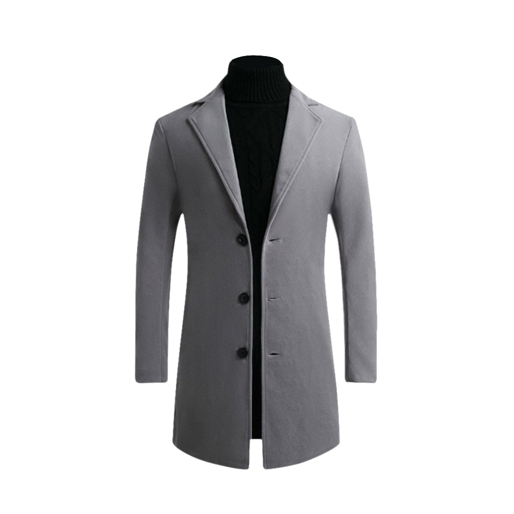 Męski długi płaszcz slim fit, klasyczny krój. Eleganckie okrycie wierzchnie na jesień i zimę.