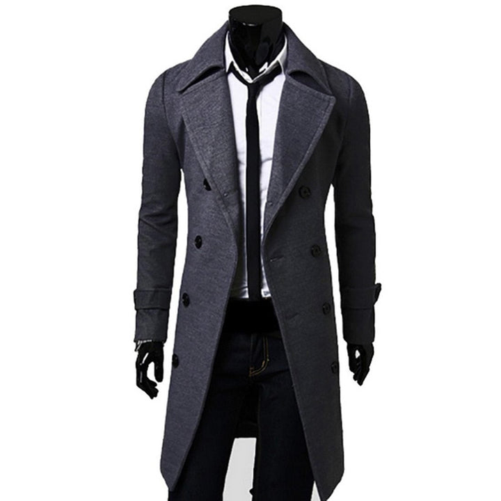 Męski długi płaszcz zimowy slim fit z eleganckimi guzikami, idealny na chłodne dni. Moda męska.