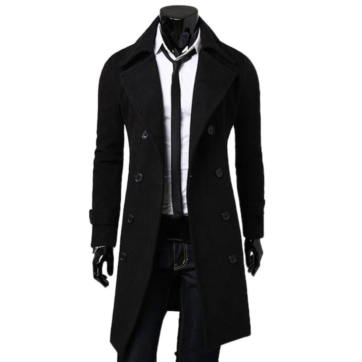 Beżowy męski elegancki długi płaszcz zimowy, fason slim fit. Modne i ciepłe okrycie wierzchnie.
