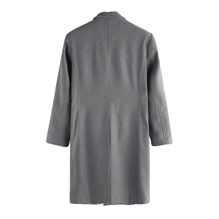 Elegancki czarny płaszcz męski zimowy, długi, slim fit z rzędem guzików, świetny na jesień i zimę.