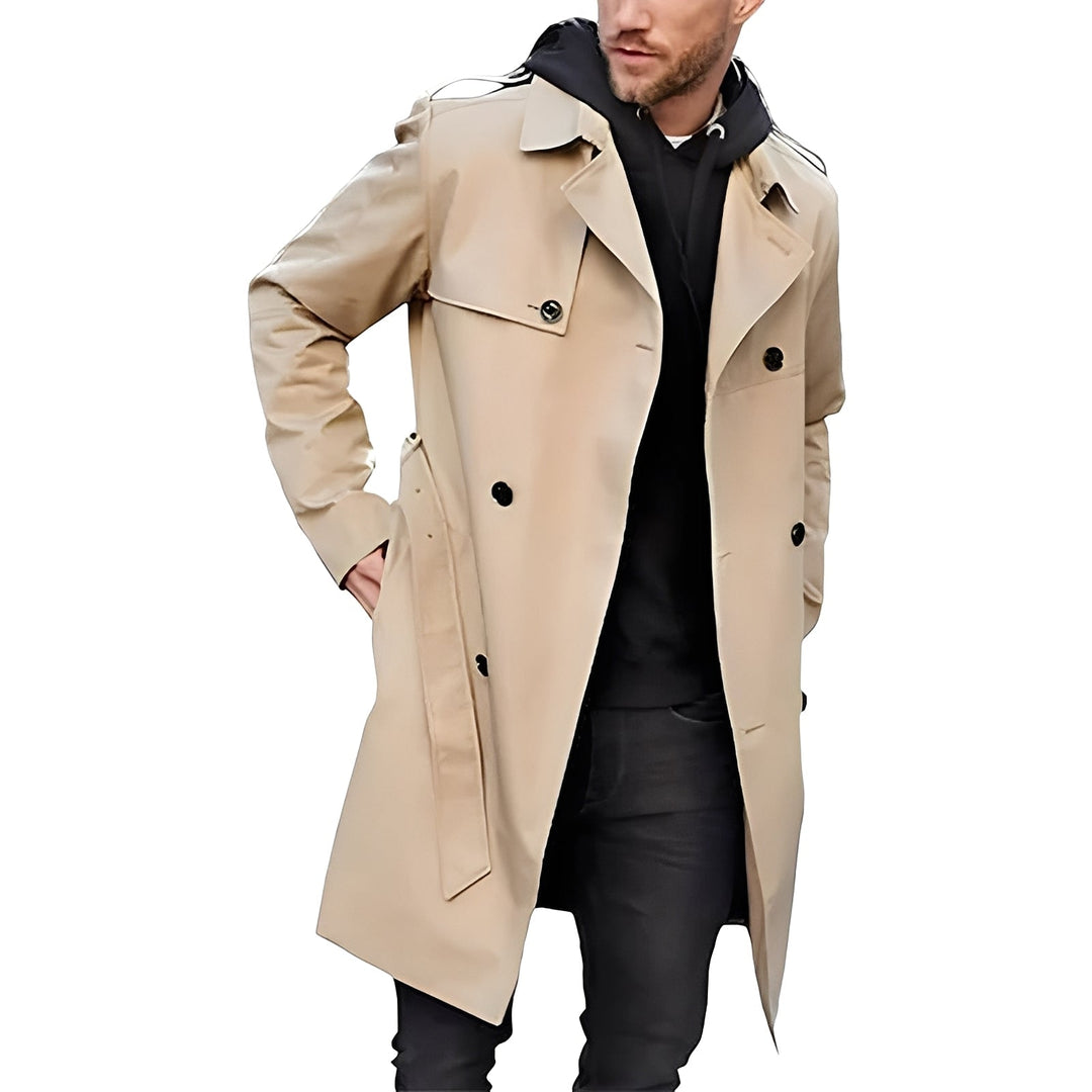 Męski długi trencz dwurzędowy w klasycznym stylu, elegancki płaszcz jesienny lub zimowy w kolorze khaki.