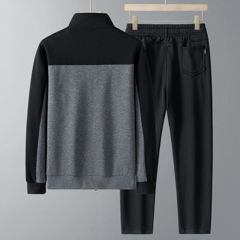 Granatowy dres męski z geometrycznym wzorem, wygodny komplet sportowy na trening i casual. Zestaw bluza plus spodnie.