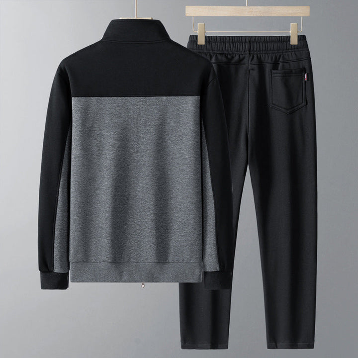 Granatowy dres męski z geometrycznym wzorem, wygodny komplet sportowy na trening i casual. Zestaw bluza plus spodnie.