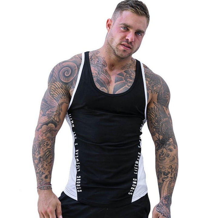 Sportowy tank top męski, dwukolorowy, bez rękawów, do stylu miejskiego. Wygodna letnia koszulka casual.