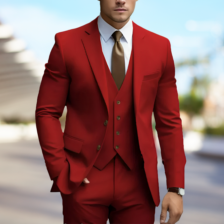 Męski garnitur wizytowy z kamizelką. Elegancki, 3-częściowy zestaw w klasycznym stylu. Moda męska na formalne okazje.