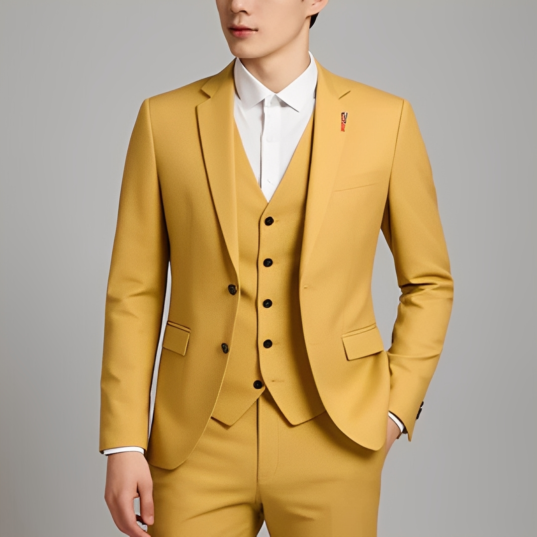 Wysokiej jakości męski garnitur trzyczęściowy. Stylowy komplet odzieży formalnej, klasyczny design.