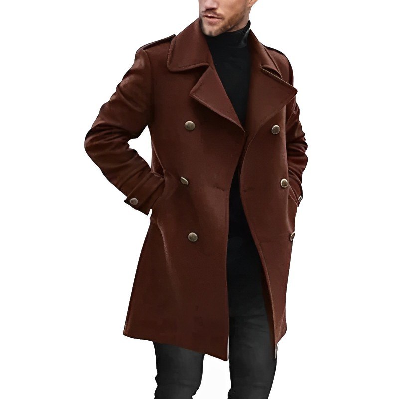 Męski elegancki peacoat zimowy. Klasyczny, ciepły płaszcz dwurzędowy idealny na chłodne dni.