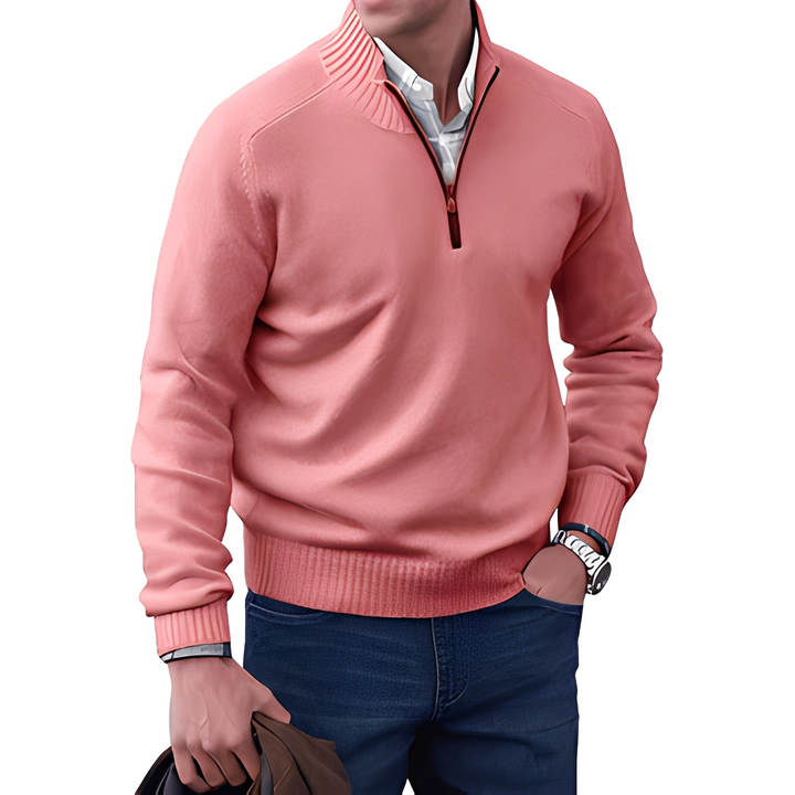 Męski sweter z półzamkiem, elegancki i casualowy. Wygodny strój na jesień i zimę.