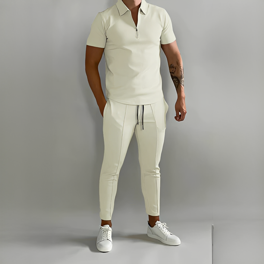 Męski elegancki zestaw letni dwuczęściowy. Wygodny komplet casual na lato i wakacje, idealny na plażę.