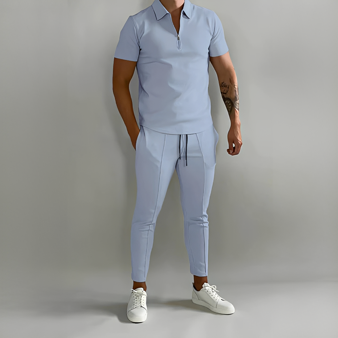 Męski komplet letni dwuczęściowy, elegancki i wygodny. Idealny zestaw casual na wakacje, lato i relaks.