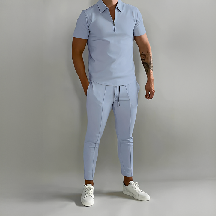 Męski komplet letni dwuczęściowy, elegancki i wygodny. Idealny zestaw casual na wakacje, lato i relaks.