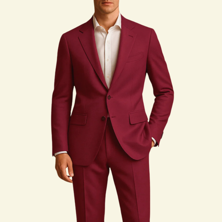 Męski formalny garnitur w nowoczesnym kroju slim fit. Idealny do biura i na ważne uroczystości.