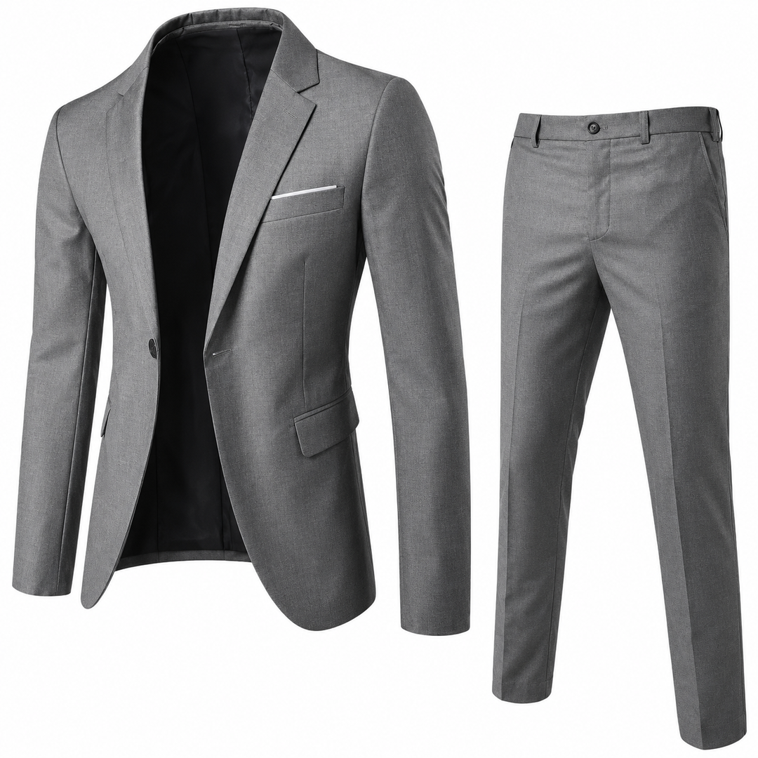 Męski garnitur klasyczny slim fit w kompletnym zestawie. Modna odzież męska na formalne okazje.
