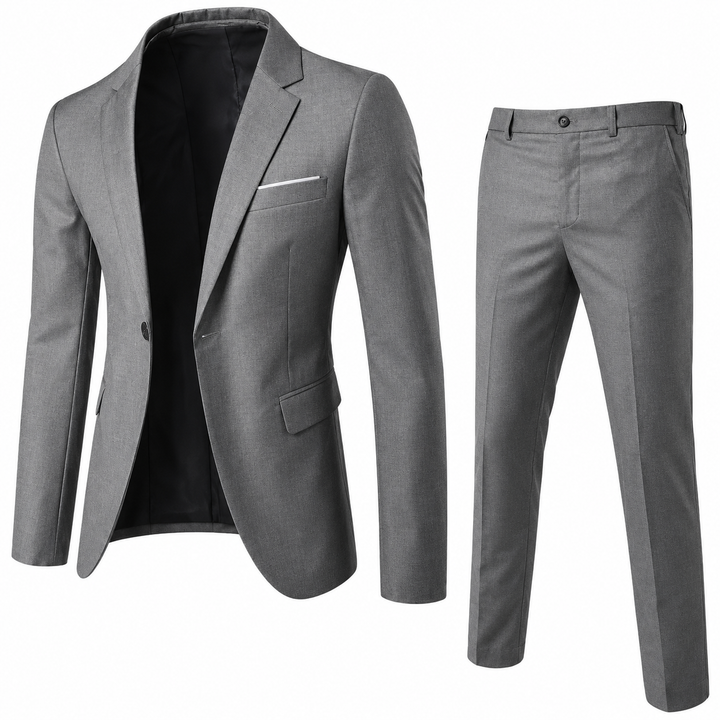 Męski garnitur klasyczny slim fit w kompletnym zestawie. Modna odzież męska na formalne okazje.