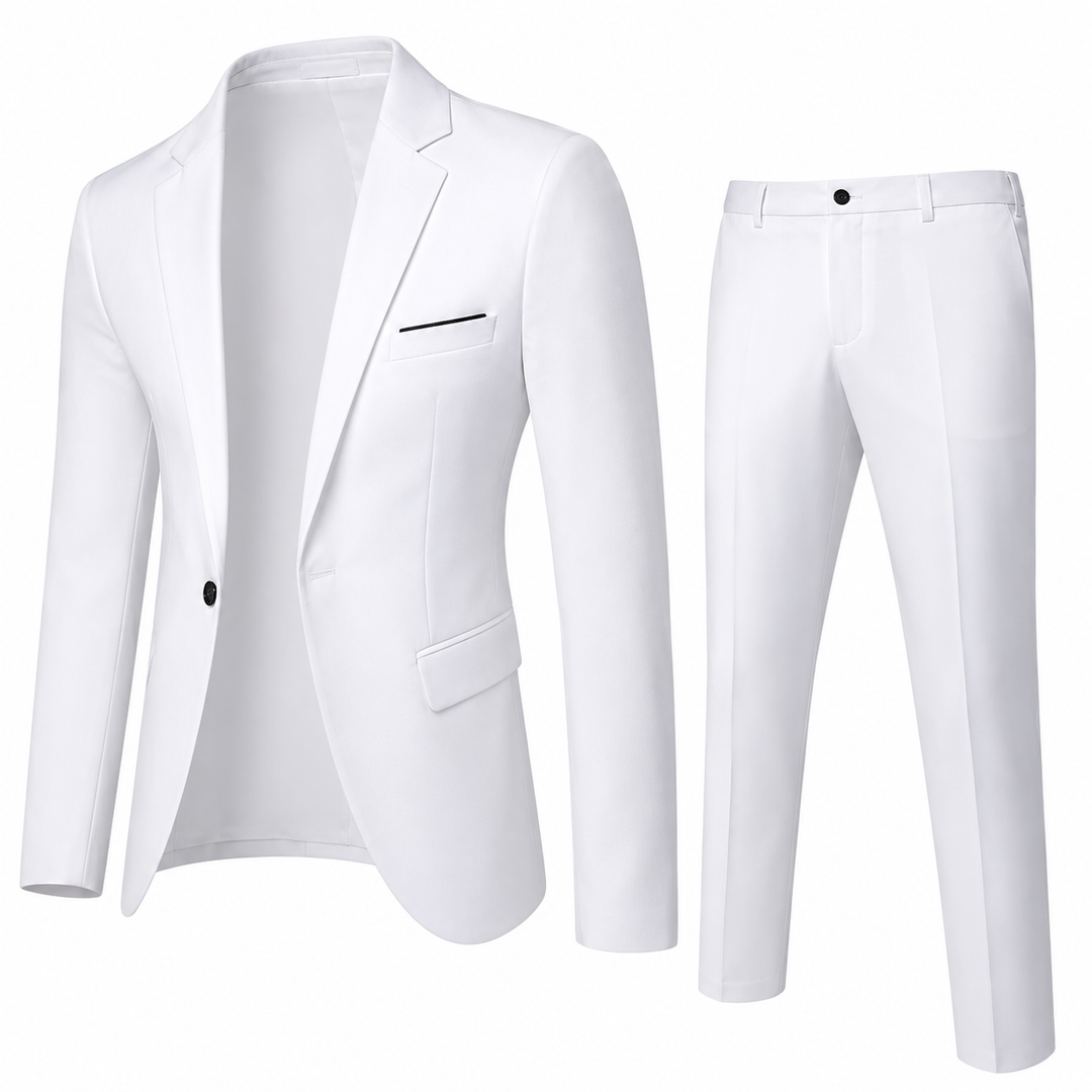 Uniwersalny garnitur męski slim fit: klasyczny styl na biznes, wesele i eleganckie wyjścia.