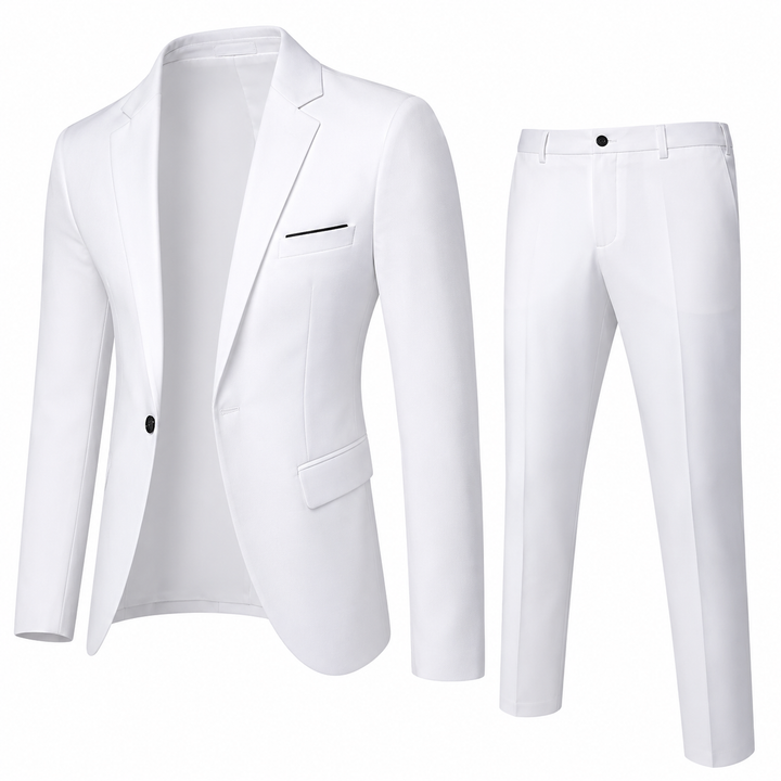 Uniwersalny garnitur męski slim fit: klasyczny styl na biznes, wesele i eleganckie wyjścia.