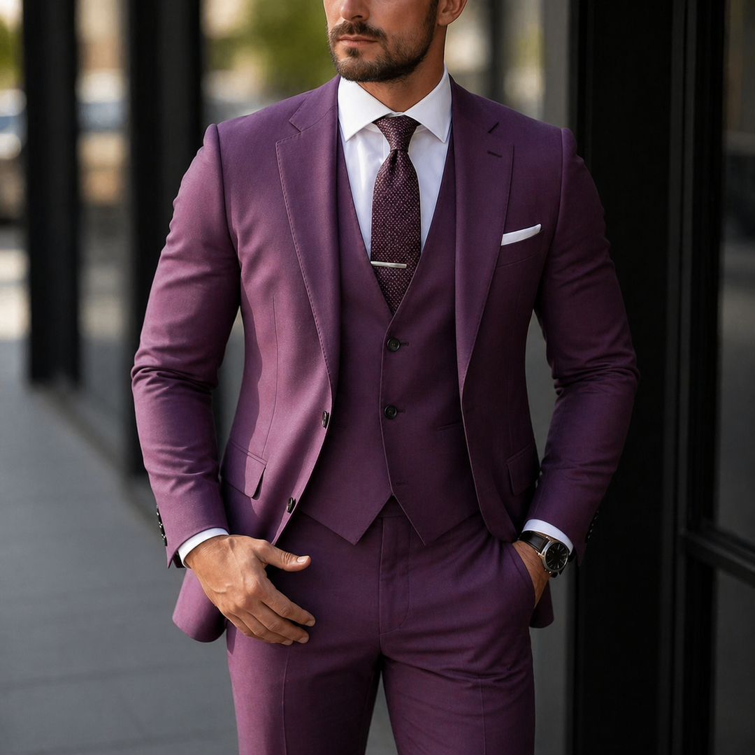 Stylowy męski garnitur trzyczęściowy, ponadczasowa elegancja na modne okazje i formalny strój.