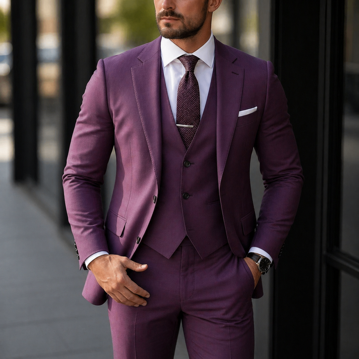 Stylowy męski garnitur trzyczęściowy, ponadczasowa elegancja na modne okazje i formalny strój.