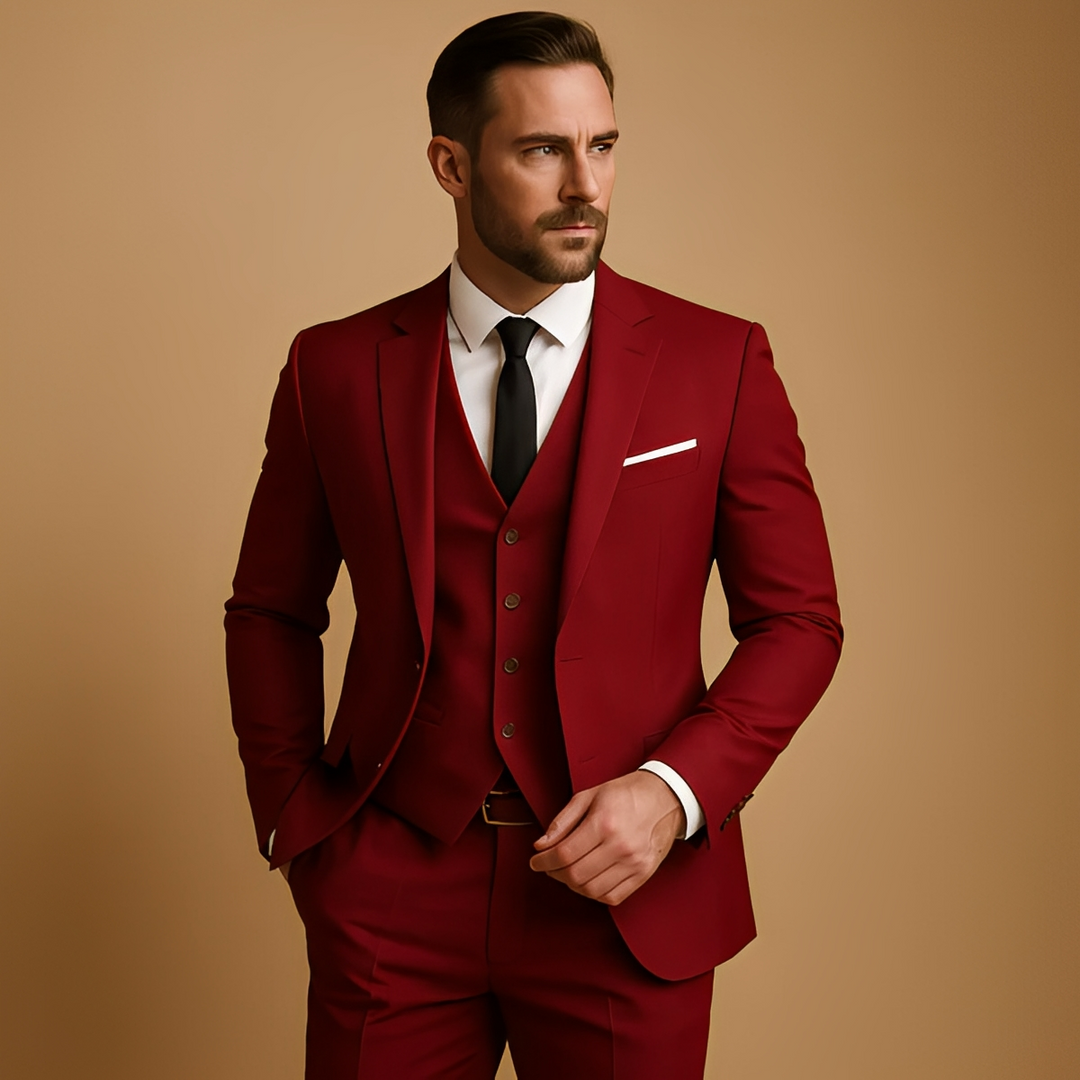 Męski garnitur trzyczęściowy slim fit. Elegancki zestaw formalny: marynarka, kamizelka, spodnie. Modna odzież.