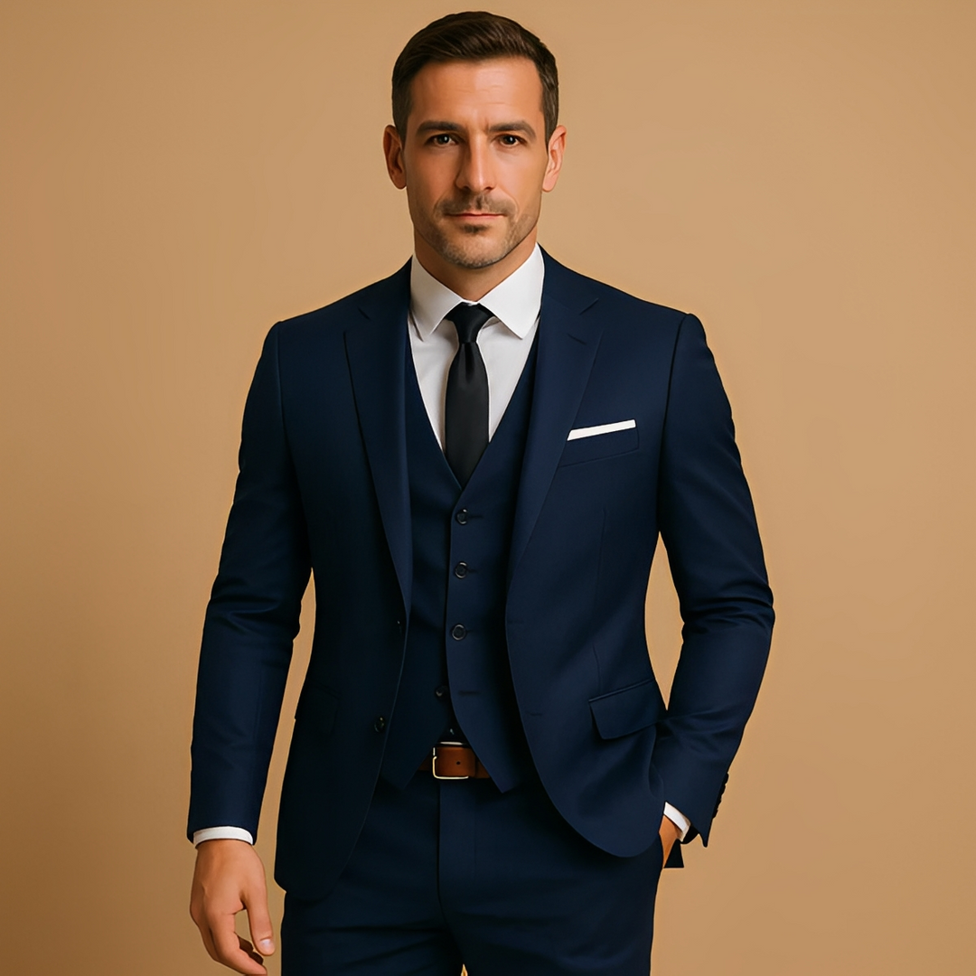 Elegancki męski garnitur slim fit. Komplet formalny z marynarką, kamizelką i spodniami. Stylowa odzież męska.