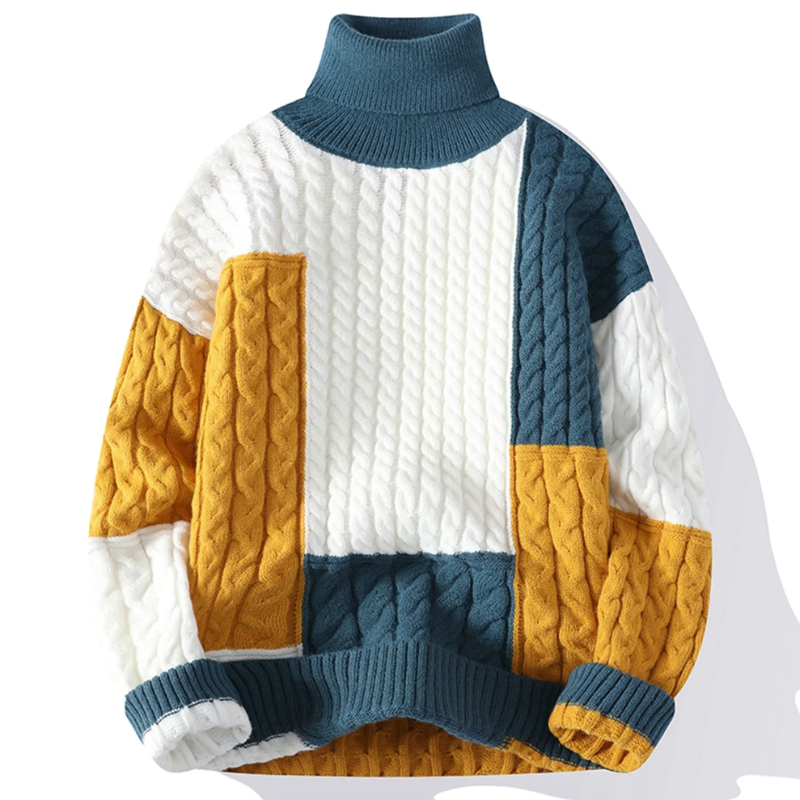 Męski golf patchworkowy, ciepły sweter color block. Stylowy ubiór męski na jesień/zimę, idealny do eleganckiego casualu.