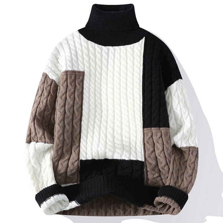 Ciepły golf męski z patchworkiem, sweter color block. Komfortowy i stylowy na jesień i zimę, modna odzież męska.