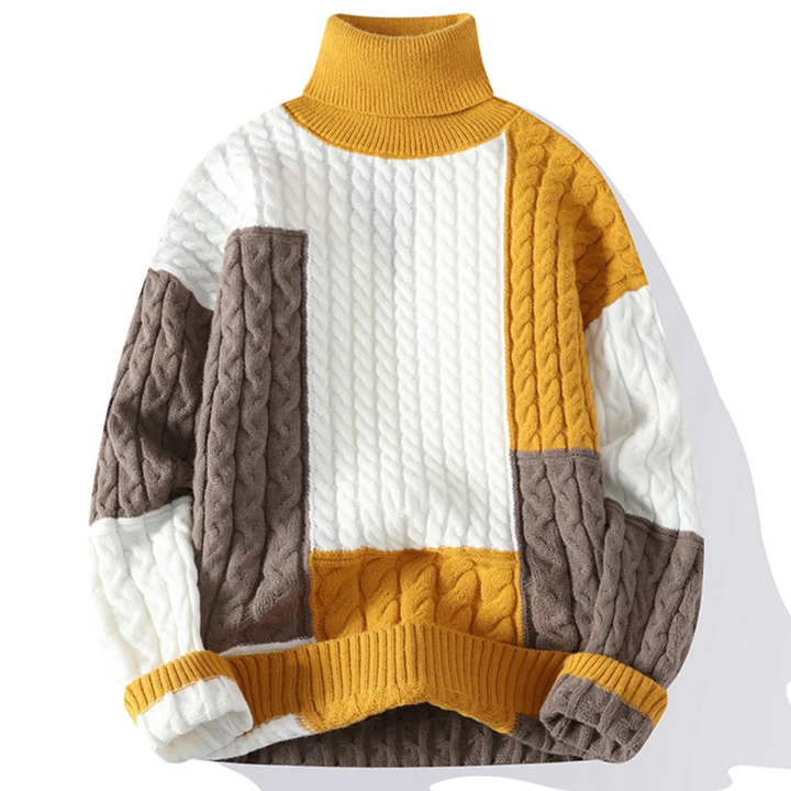 Stylowy męski golf patchworkowy. Ciepły sweter color block idealny na chłodne dni. Modna jesienno-zimowa moda męska.