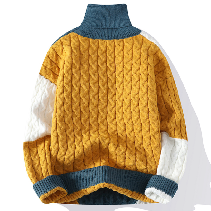 Patchworkowy golf męski, sweter color block. Modny i ciepły na jesień/zimę. Elegancki casual, ubrania męskie.